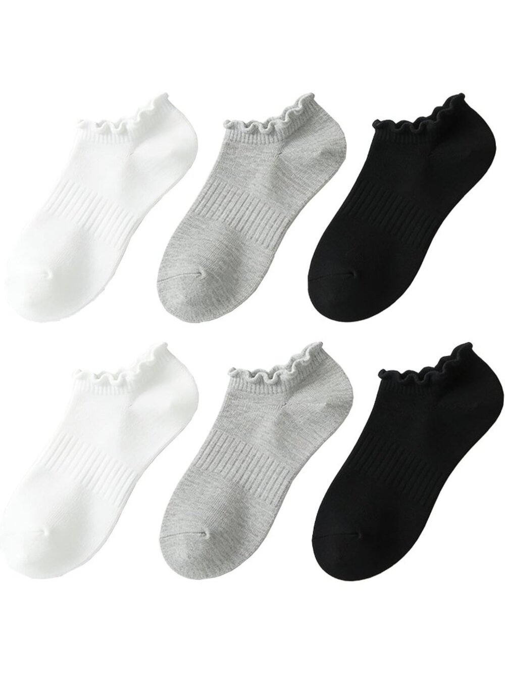 🧦Women's Black White No Show Socks Low Cut Non Slip Ruffle Ankle Socks 6 Pairs